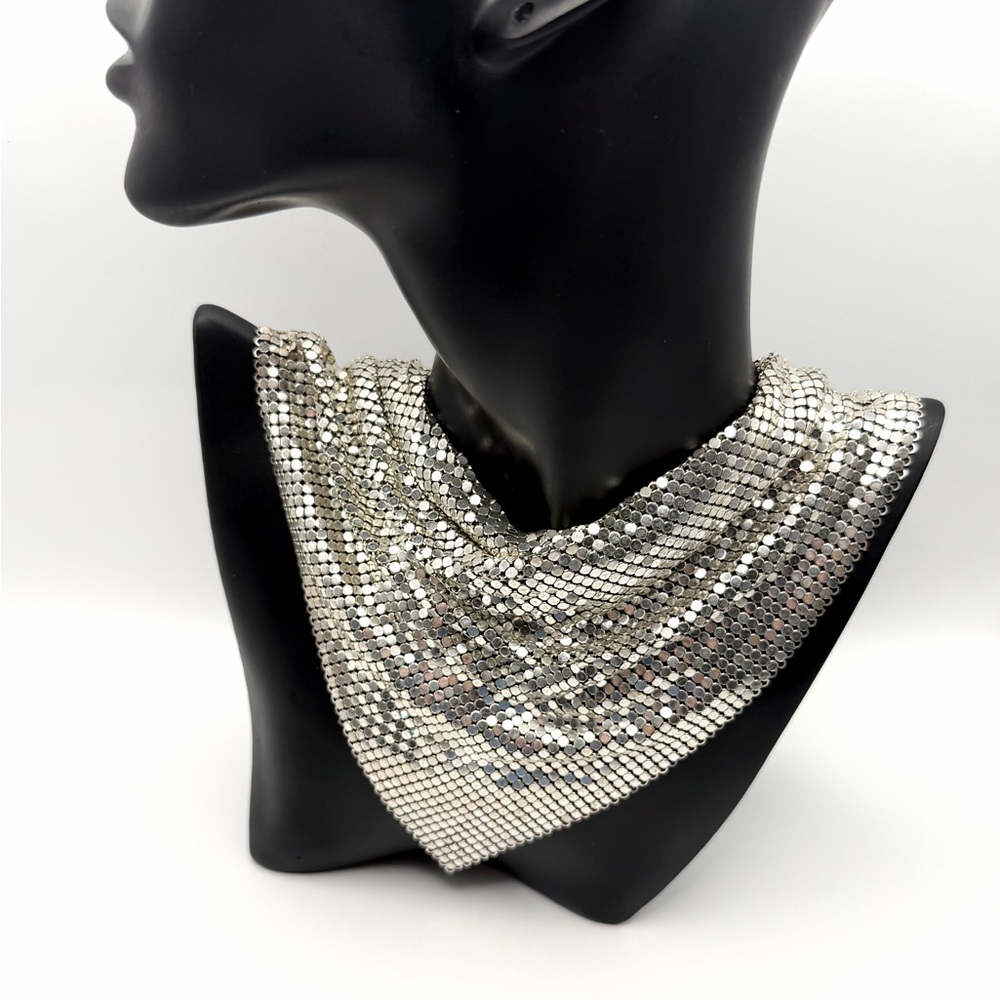 Vintage Whiting & Davis Silver Mesh Bib Necklace Draped Scarf Statement Piece - Picture 5 of 14